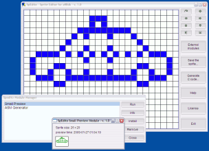 version 1.0 under Windows, drawing in progress and module window